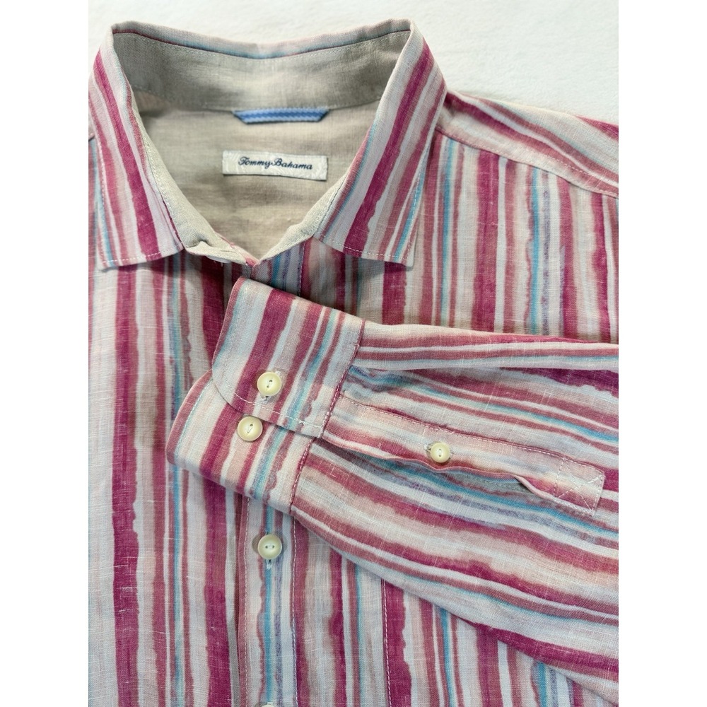 Tommy Bahama Watercolor Stripe Linen Men's L or‎ XL Flip Cuff Button L/S Shirt